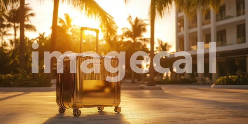Golden Suitcase in Tropical Setting: A gold-colored suitcase with wheels and a retractable handle stands in a sunny tropical location.