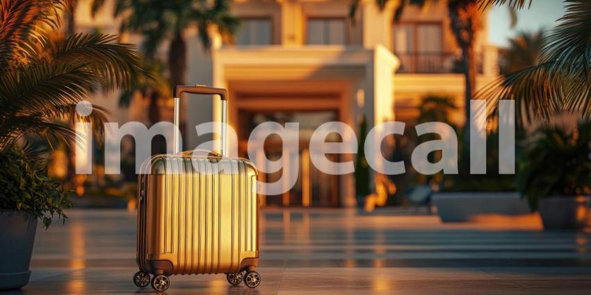 Golden Suitcase in Tropical Setting: A gold-colored suitcase with wheels and a retractable handle stands in a sunny tropical location.