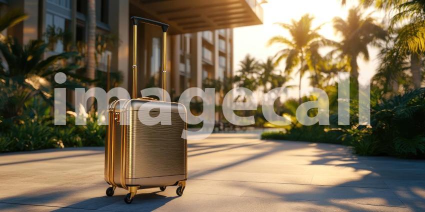 Golden Suitcase in Tropical Setting: A gold-colored suitcase with wheels and a retractable handle stands in a sunny tropical location.