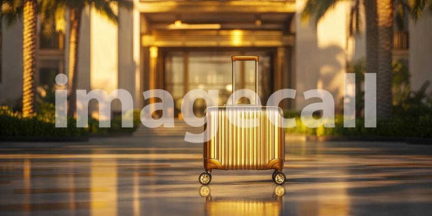 Golden Suitcase in Tropical Setting: A gold-colored suitcase with wheels and a retractable handle stands in a sunny tropical location.