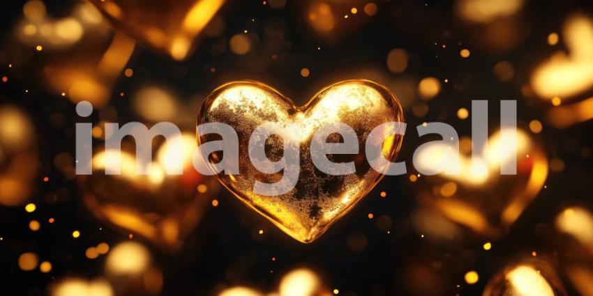 Golden Hearts with Glitter on Dark Background: Two golden hearts and small golden hearts scattered with glitter on a dark surface.