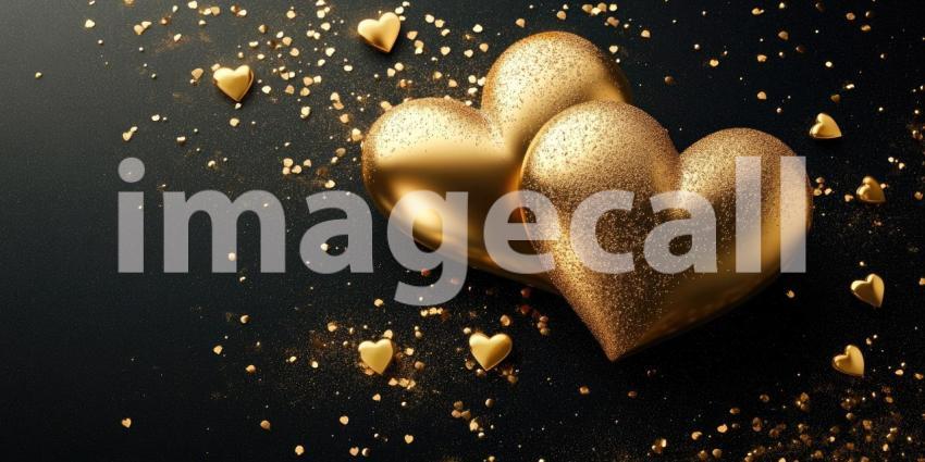 Golden Hearts with Glitter on Dark Background: Two golden hearts and small golden hearts scattered with glitter on a dark surface.