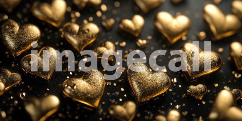 Golden Hearts with Glitter on Dark Background: Two golden hearts and small golden hearts scattered with glitter on a dark surface.