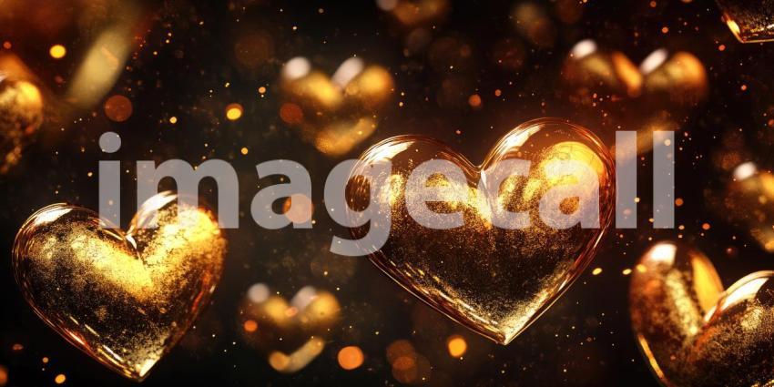 Golden Hearts with Glitter on Dark Background: Two golden hearts and small golden hearts scattered with glitter on a dark surface.