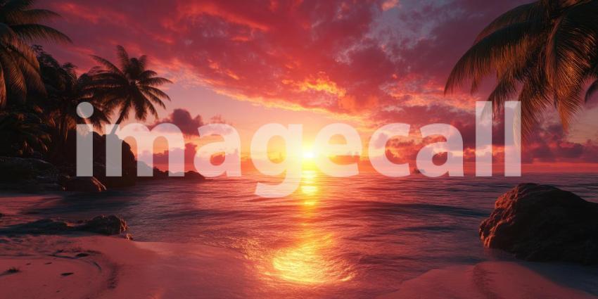 Tropical Sunset Over Ocean with Palm Trees: A vibrant sunset over a calm ocean, framed by palm trees and rocky shore.
