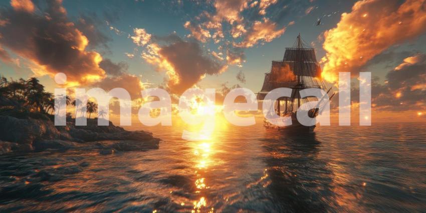 Tropical Sunset Over Ocean with Palm Trees: A vibrant sunset over a calm ocean, framed by palm trees and rocky shore.