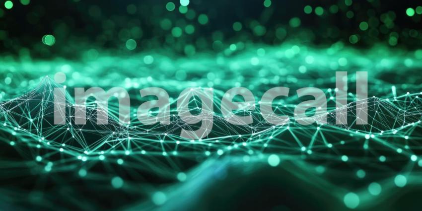 Green Digital Network with Bokeh: A low-angle view of a green digital network with interconnected lines and nodes, with blurred bokeh lights in the background.