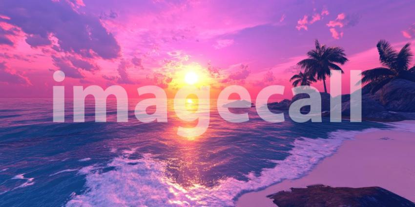 Tropical Sunset Over Ocean with Palm Trees: A vibrant sunset over a calm ocean, framed by palm trees and rocky shore.