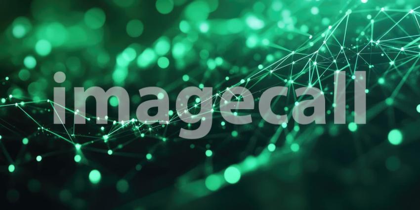 Green Digital Network with Bokeh: A low-angle view of a green digital network with interconnected lines and nodes, with blurred bokeh lights in the background.