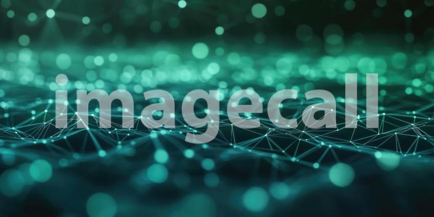 Green Digital Network with Bokeh: A low-angle view of a green digital network with interconnected lines and nodes, with blurred bokeh lights in the background.