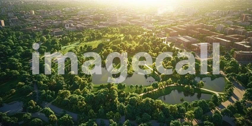 City Park with High-Rise Apartments: A cityscape view of a lush green park with tall apartment buildings in the background, under a bright sky.