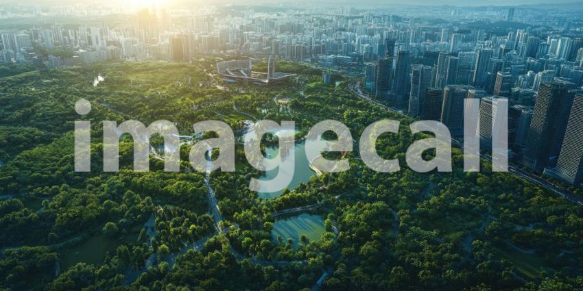 City Park with High-Rise Apartments: A cityscape view of a lush green park with tall apartment buildings in the background, under a bright sky.
