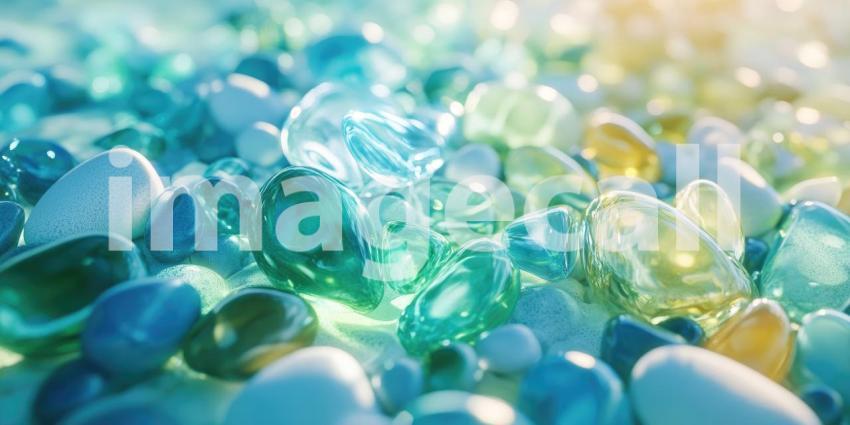 Green Gemstone Among Pebbles: A close-up of a translucent green gemstone resting among wet pebbles on a beach, with sunlight reflecting off the surface.