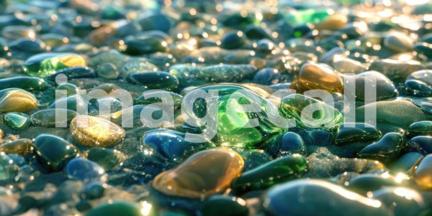 Green Gemstone Among Pebbles: A close-up of a translucent green gemstone resting among wet pebbles on a beach, with sunlight reflecting off the surface.