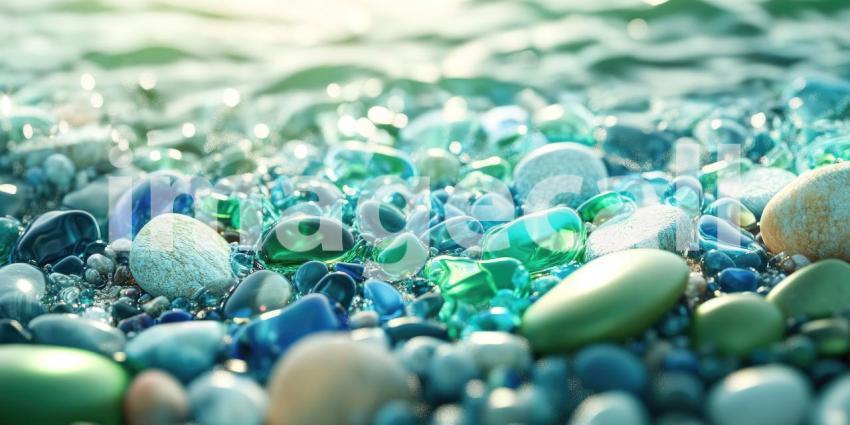 Green Gemstone Among Pebbles: A close-up of a translucent green gemstone resting among wet pebbles on a beach, with sunlight reflecting off the surface.