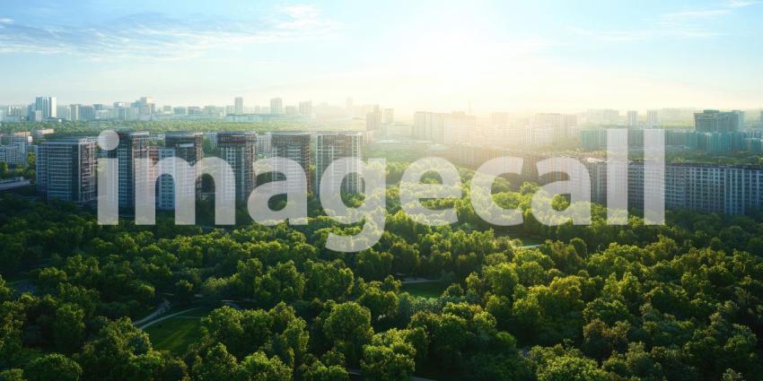 City Park with High-Rise Apartments: A cityscape view of a lush green park with tall apartment buildings in the background, under a bright sky.