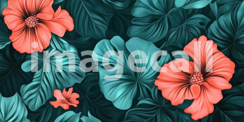 Tropical Bloom: Coral Hibiscus Flowers Amidst Lush, Teal Foliage, A Vibrant Jungle Tapestry of Color and Form.