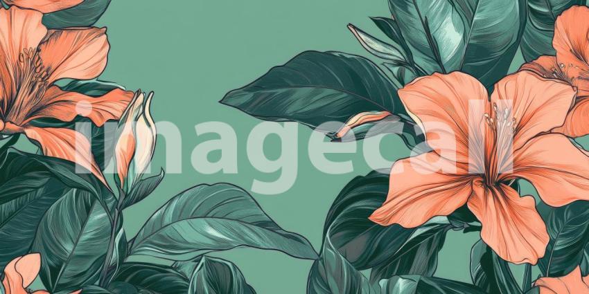 Tropical Bloom: Coral Hibiscus Flowers Amidst Lush, Teal Foliage, A Vibrant Jungle Tapestry of Color and Form.