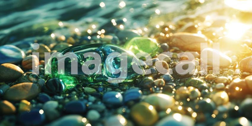 Green Gemstone Among Pebbles: A close-up of a translucent green gemstone resting among wet pebbles on a beach, with sunlight reflecting off the surface.