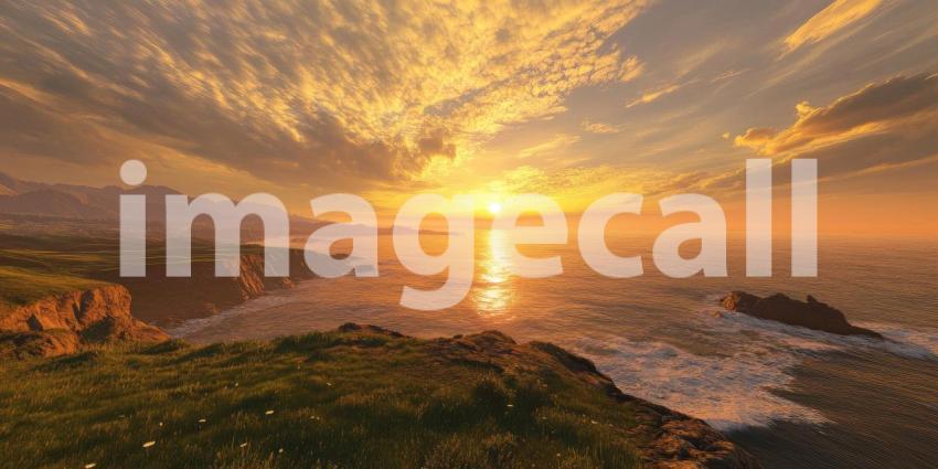 Tropical Sunset Over Ocean with Palm Trees: A vibrant sunset over a calm ocean, framed by palm trees and rocky shore.