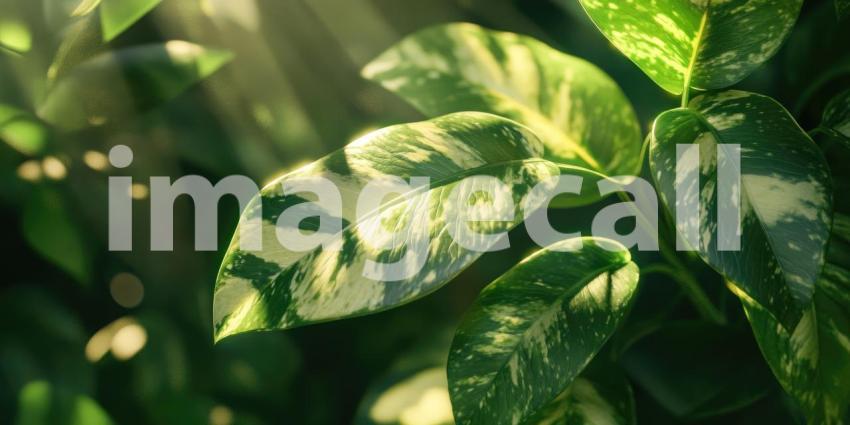 Sunlit Variegated Leaves: Lush Green and Cream Patterns Dance in Gentle Light, a Tropical Garden Embrace.