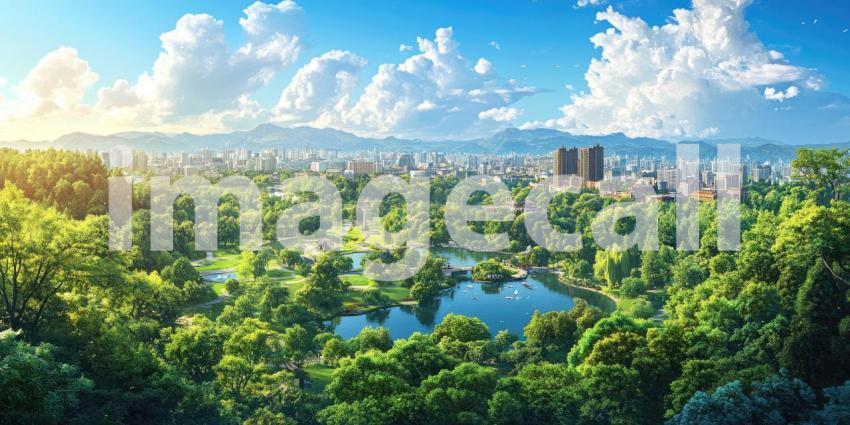 City Park with High-Rise Apartments: A cityscape view of a lush green park with tall apartment buildings in the background, under a bright sky.