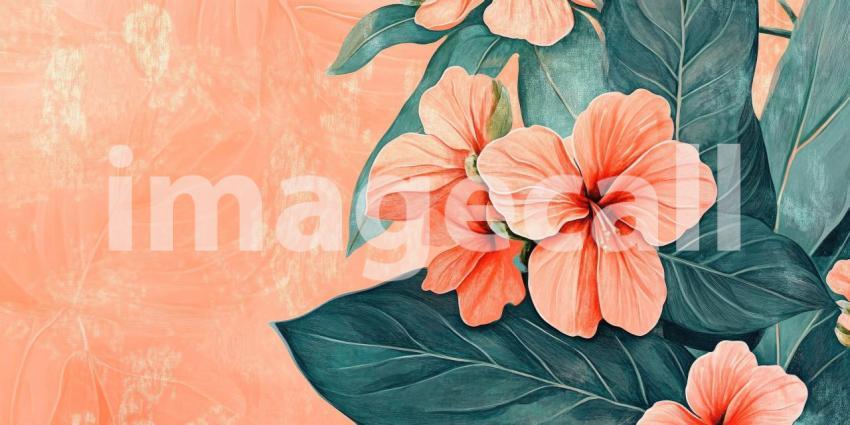 Tropical Bloom: Coral Hibiscus Flowers Amidst Lush, Teal Foliage, A Vibrant Jungle Tapestry of Color and Form.