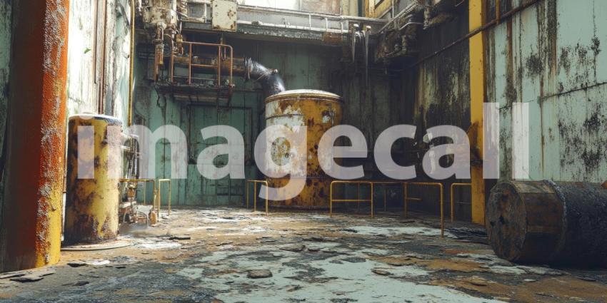 Decaying Industrial Relic: Rust and Shadow Envelop a Forgotten Factory, Whispers of a Bygone Era.