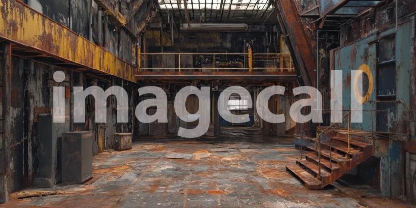 Decaying Industrial Relic: Rust and Shadow Envelop a Forgotten Factory, Whispers of a Bygone Era.