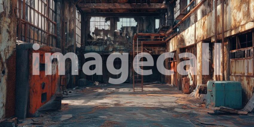 Decaying Industrial Relic: Rust and Shadow Envelop a Forgotten Factory, Whispers of a Bygone Era.