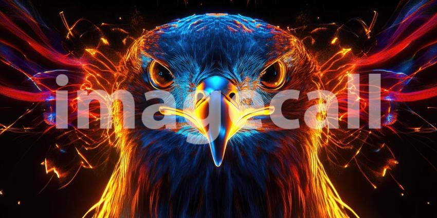 Electric Eagle Gaze: Neon Fire Wings Frame a Majestic Bird, Eyes Burning with Intense Power.