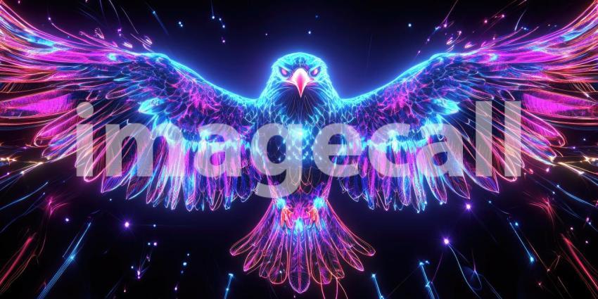 Electric Eagle Gaze: Neon Fire Wings Frame a Majestic Bird, Eyes Burning with Intense Power.