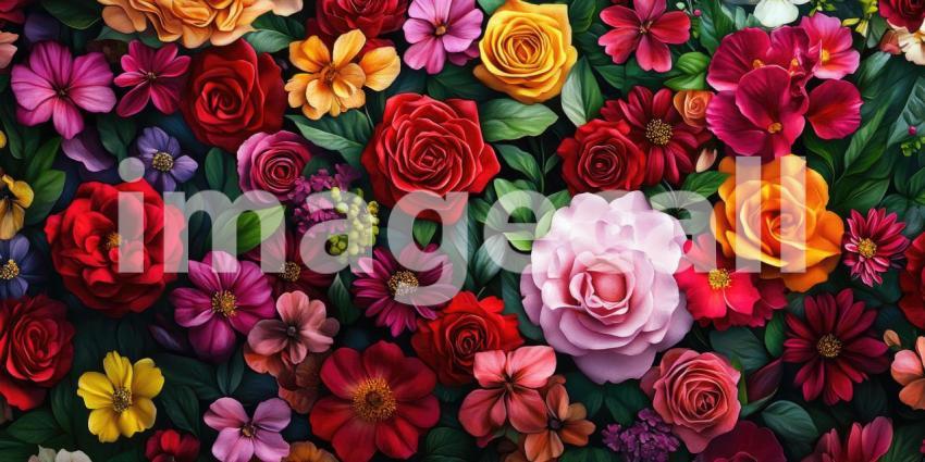 A Riot of Blooms: Roses, Daisies, and Petunias in a Lush Garden, a Symphony of Vibrant Color.