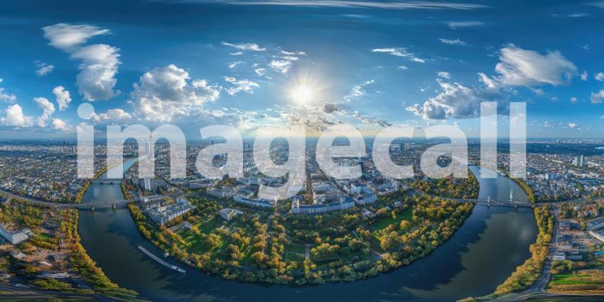 Panoramic Cityscape: River Curves Through Urban Landscape, Sunburst Above, a 360-Degree View of Metropolis and Sky.