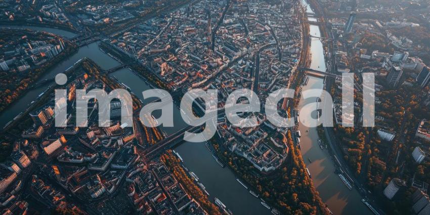 Panoramic Cityscape: River Curves Through Urban Landscape, Sunburst Above, a 360-Degree View of Metropolis and Sky.