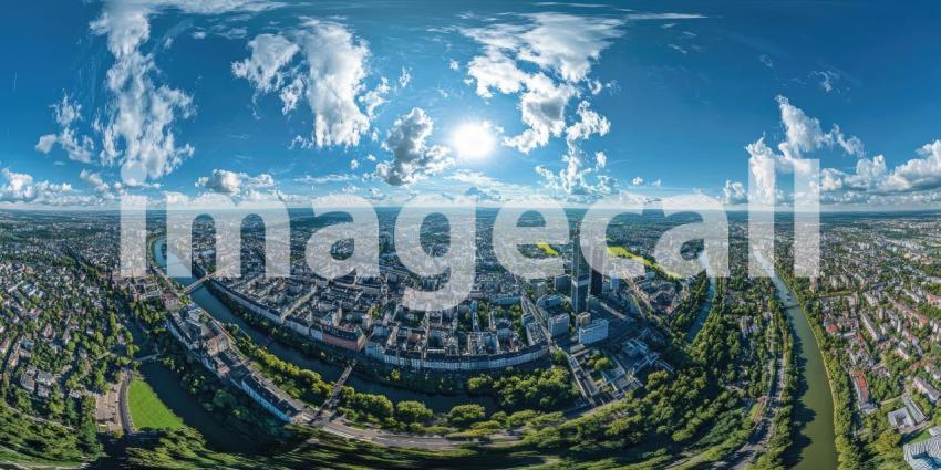 Panoramic Cityscape: River Curves Through Urban Landscape, Sunburst Above, a 360-Degree View of Metropolis and Sky.