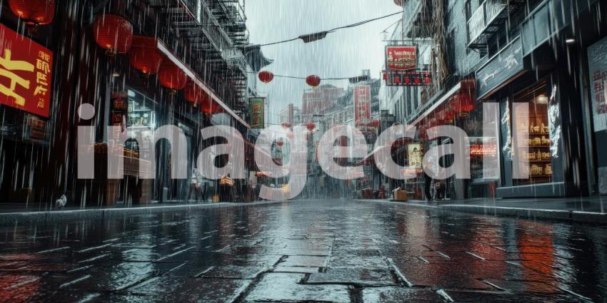 Lantern-Lit Street: Red Glows in Night Rain, Chinese New Year Festivities Illuminate a Historic Town.