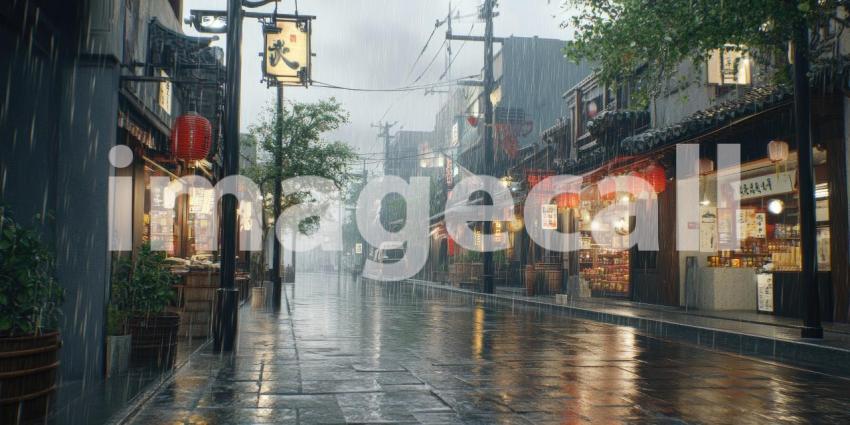 Lantern-Lit Street: Red Glows in Night Rain, Chinese New Year Festivities Illuminate a Historic Town.