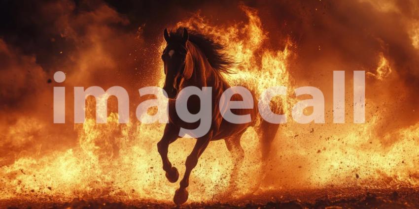 Fire Horse Galloping: A Majestic Stallion Runs Through Blazing Flames, Power and Fury in a Fiery Inferno.