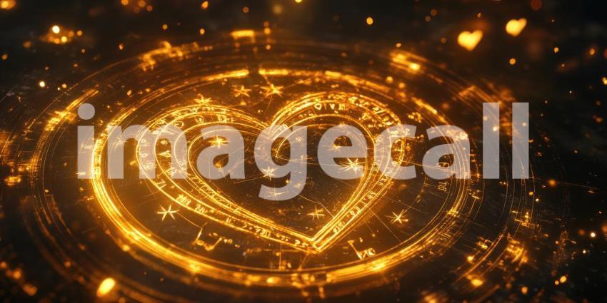Golden Heart Glyphs: Mystical Symbols and Sparkles Surround a Radiant Heart, a Love Spell in Light.