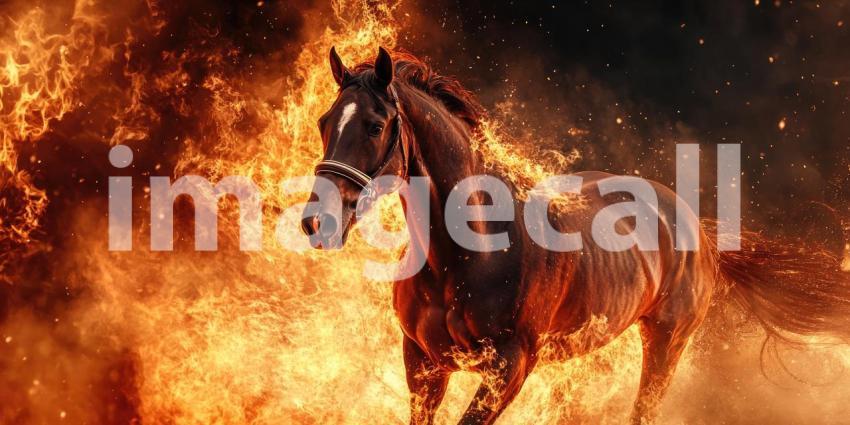 Fire Horse Galloping: A Majestic Stallion Runs Through Blazing Flames, Power and Fury in a Fiery Inferno.