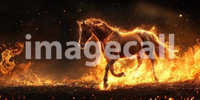 Fire Horse Galloping: A Majestic Stallion Runs Through Blazing Flames, Power and Fury in a Fiery Inferno.
