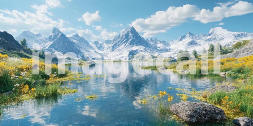 Alpine Lake Serenity: Snow-Capped Peaks Reflect in Calm Waters, Wildflowers Bloom in a Mountain Paradise Under Azure Skies.