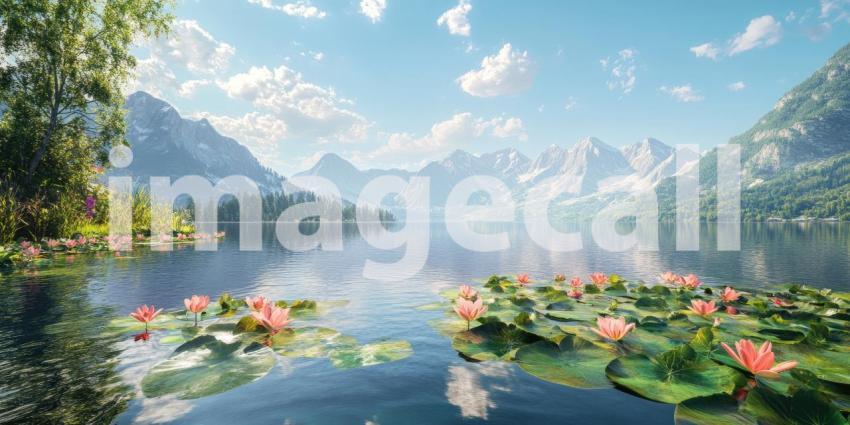 Alpine Lake Serenity: Snow-Capped Peaks Reflect in Calm Waters, Wildflowers Bloom in a Mountain Paradise Under Azure Skies.