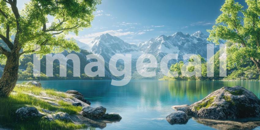 Alpine Lake Serenity: Snow-Capped Peaks Reflect in Calm Waters, Wildflowers Bloom in a Mountain Paradise Under Azure Skies.