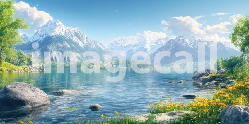 Alpine Lake Serenity: Snow-Capped Peaks Reflect in Calm Waters, Wildflowers Bloom in a Mountain Paradise Under Azure Skies.