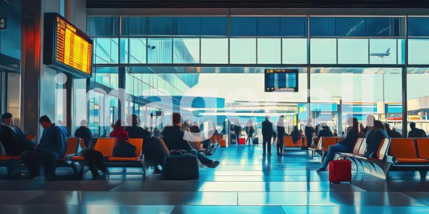 Waiting Area at Airport Terminal, Highlighting Tarmac Views, Flight Information Boards, and Anticipative Travelers