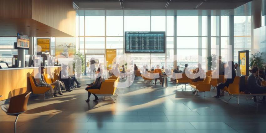 Waiting Area at Airport Terminal, Highlighting Tarmac Views, Flight Information Boards, and Anticipative Travelers