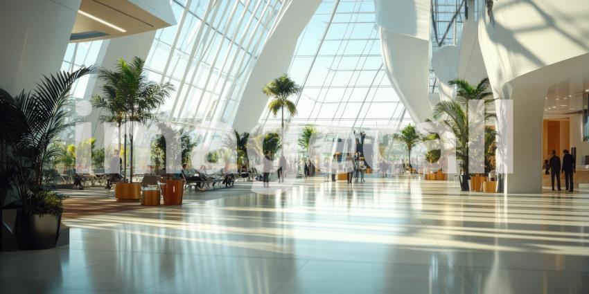Waiting Area at Airport Terminal, Highlighting Tarmac Views, Flight Information Boards, and Anticipative Travelers