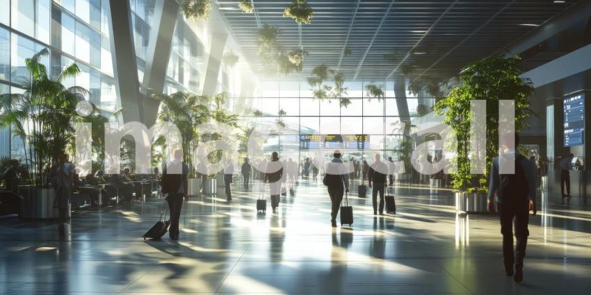 Waiting Area at Airport Terminal, Highlighting Tarmac Views, Flight Information Boards, and Anticipative Travelers